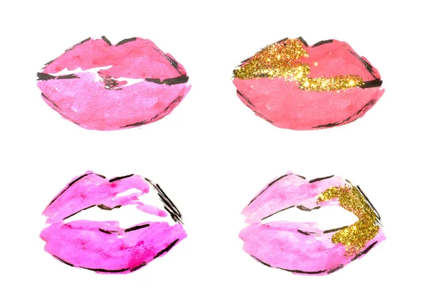 Set Labios Rosados Acuarela Con Brillo Dorado Sobre Fondo Blanco — Foto de Stock