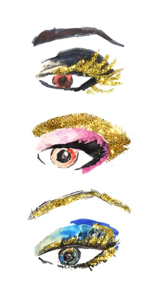 Set Watercolor Woman Eyes Make Golden Glitter White Background — Stock Photo, Image