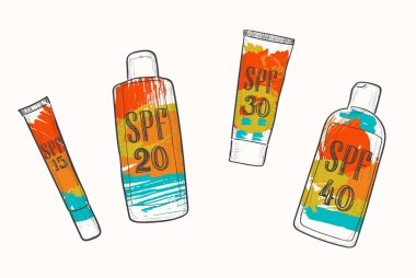 SPF güneş kozmetik ile ayarla, doodle tarzda kroki. Yaz yüz ve vücut bakımı, kutsal kişilerin resmi ile parlak grunge sulu boya lekeleri için güneş koruma faktörü. Moda ve güzellik kavramı