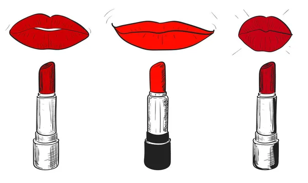 Vektor Diatur Dengan Nuansa Merah Trendi Lipstik Dan Bibir Pada - Stok Vektor