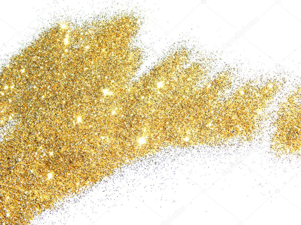 Gold glitter sparkles on white background. Beautiful abstract backdrop for vip design, fashion, make up, nail art, shopping, cards design, beauty concept
