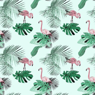 Tropik avuç içi ve flamingo, vintage, grunge arka plan ile Seamless modeli. Paket kağıdı vb kumaş üzerine baskı için mükemmel.