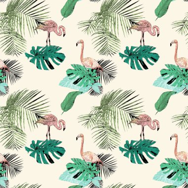 Tropik avuç içi ve flamingo, vintage, grunge arka plan ile Seamless modeli. Paket kağıdı vb kumaş üzerine baskı için mükemmel.