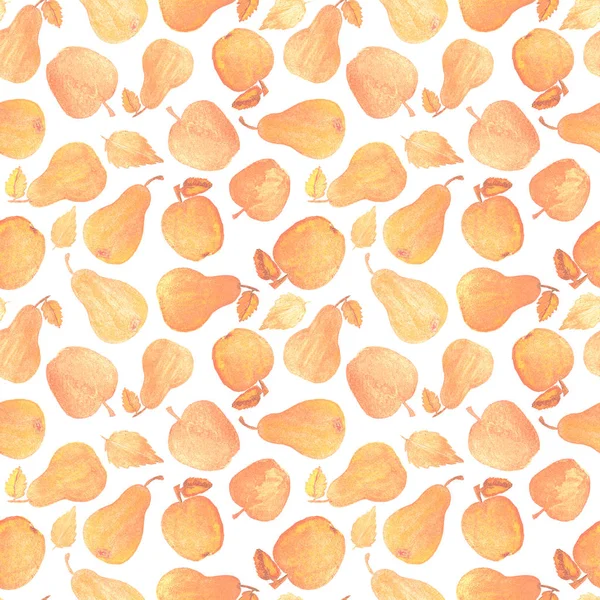 Nahtloses Muster Mit Schönen Goldenen Birnen Und Äpfeln Auf Weißem — Stockfoto