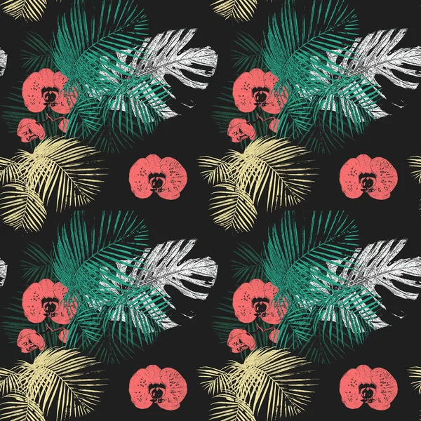 Nahtloses Muster Mit Tropischen Palmenblättern Orchideen Vintage Grunge Hintergrund Perfekt — Stockfoto