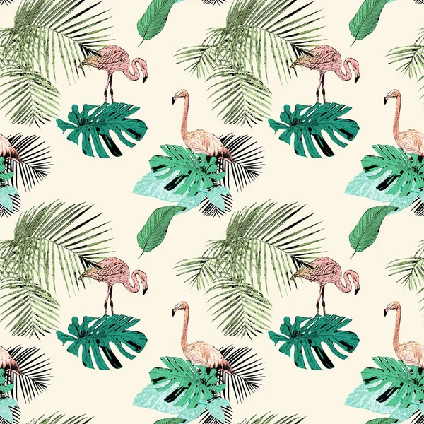 Seamless Pattern Tropical Palms Flamingo Vintage Grunge Background Perfect Print — Stock Photo, Image