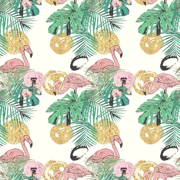 Seamless Pattern Tropical Palms Flamingo Golden Glitter Vintage Grunge Background — Stock Photo, Image