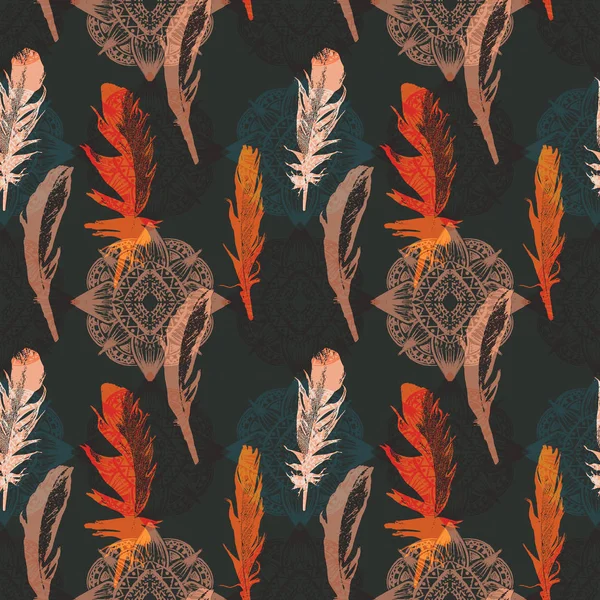 Seamless pattern with feathers and mandalas, vintage, grunge background. Perfect for print on fabric, wrapping paper etc.