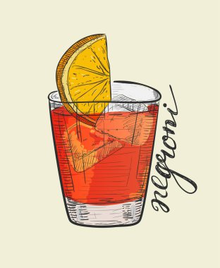 Negroni alcoholic cocktail. Hand drawn vector illustration in sketch style. Fashionable drink with orange and ice cubes clipart