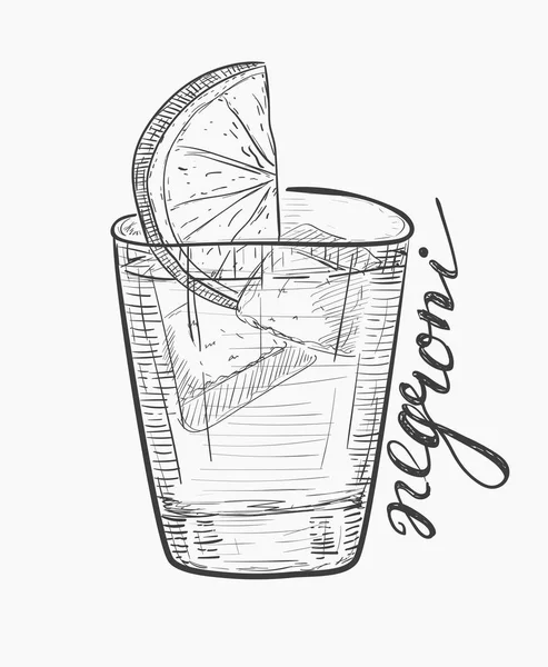 Negroni alkollü kokteyl. Elle çizilmiş vektör çizim kroki tarzı. Turuncu ve buz küpleri ile moda içecek