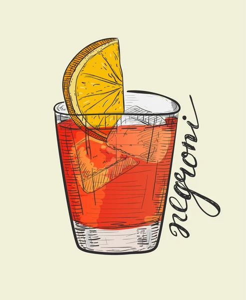 Negroni alkollü kokteyl. Elle çizilmiş vektör çizim kroki tarzı. Turuncu ve buz küpleri ile moda içecek