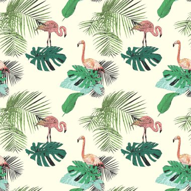 Tropik avuç içi ve flamingo, vintage, grunge arka plan ile Seamless modeli. Paket kağıdı vb kumaş üzerine baskı için mükemmel.