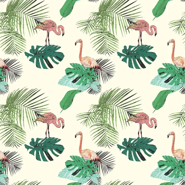 Seamless Pattern Tropical Palms Flamingo Vintage Grunge Background Perfect Print — Stock Photo, Image