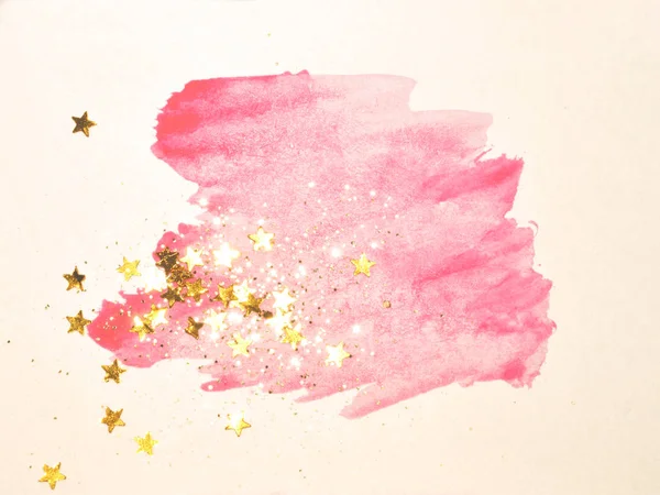 Étoiles Dorées Scintillantes Scintillantes Sur Aquarelle Rose Abstraite Éclaboussant Couleurs — Photo