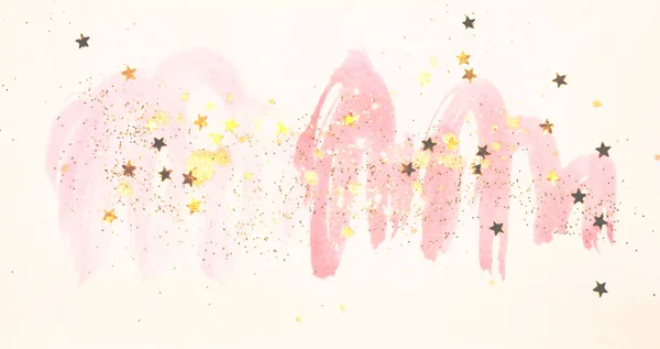 Golden Glitter Glittering Stars Abstract Pink Watercolor Splashes Vintage Nostalgic — Stock Photo, Image