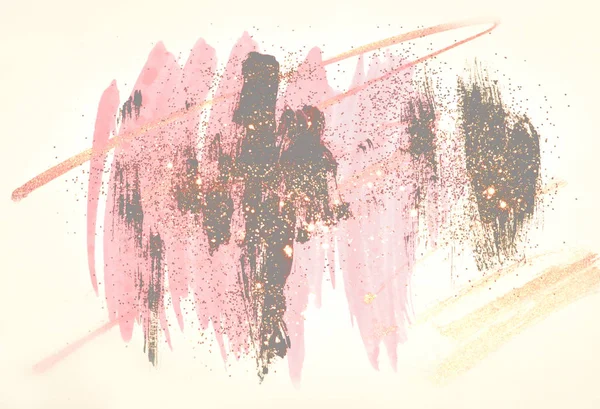 Golden glitter on abstract pink, black and gold watercolor splashes in vintage nostalgic colors.