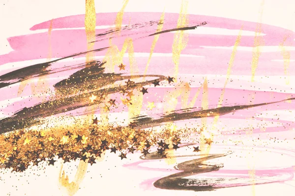 Золотой Блеск Блестящие Звезды Абстрактных Розовых Черных Золотых Акварельных Брызг — стоковое фото