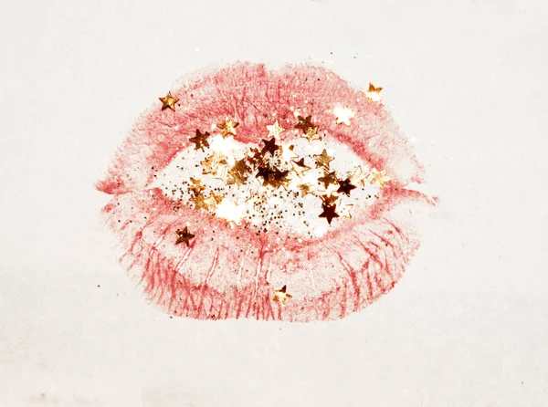 Lábios Mulher Rosa Com Brilho Dourado Estrelas Brilhantes Cores Nostálgicas — Fotografia de Stock