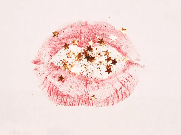 Lábios Mulher Rosa Com Brilho Dourado Estrelas Brilhantes Cores Nostálgicas — Fotografia de Stock