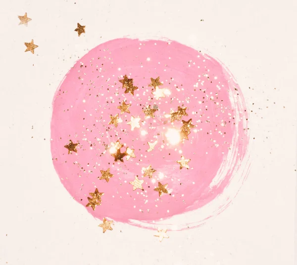 黄金の輝きとヴィンテージのノスタルジックな色の抽象的なピンク水彩画スプラッシュに星がきらきら輝く — ストック写真