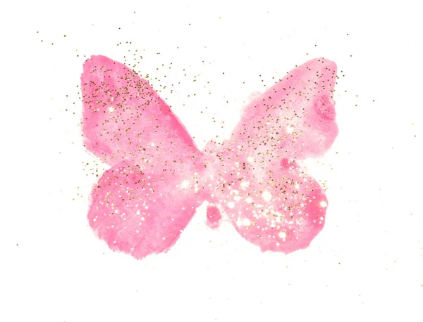Golden Glitter Farfalla Acquerello Rosa Colori Nostalgici Vintage Sfondo Bianco — Foto Stock