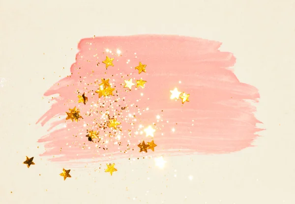 Étoiles Dorées Scintillantes Scintillantes Sur Aquarelle Rose Abstraite Éclaboussant Couleurs — Photo