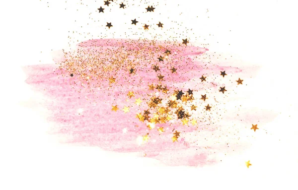 Stelle Scintillanti Dorate Scintillanti Astratto Acquerello Rosa Spruzzata Sfondo Bianco — Foto Stock