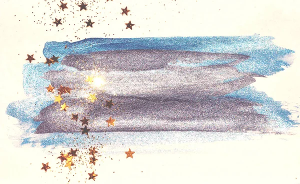 Étoiles Dorées Scintillantes Scintillantes Sur Aquarelle Bleue Abstraite Éclaboussant Couleurs — Photo