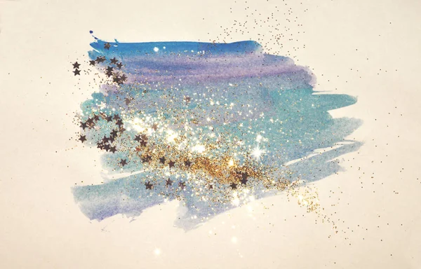 Brillo Dorado Estrellas Brillantes Salpicadero Azul Abstracto Acuarela Colores Nostálgicos —  Fotos de Stock