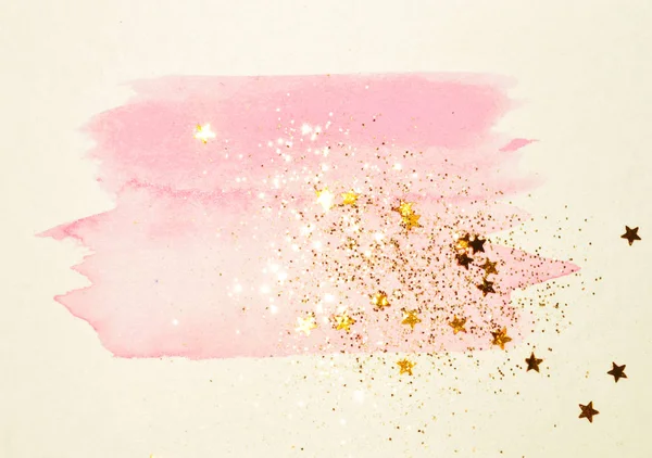 Étoiles Dorées Scintillantes Scintillantes Sur Aquarelle Rose Abstraite Éclaboussant Couleurs — Photo