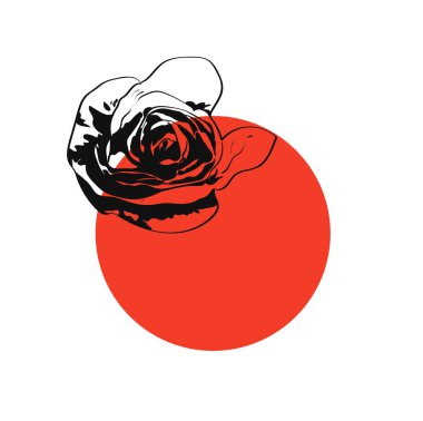 Yuvarlak kırmızı çerçeve gül, beyaz arka plan üzerinde metin için yer ile siyah siluet çiçek