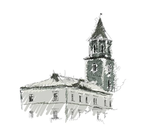 Διανυσματικό Σκίτσο Του Ευρωπαϊκού Κτιρίου Παλιός Πύργος Χειροποίητη Απεικόνιση Λευκό — Διανυσματικό Αρχείο