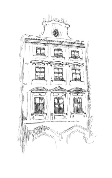 Croquis Vectoriel Bâtiment Européen Illustré Main Noir Blanc — Image vectorielle