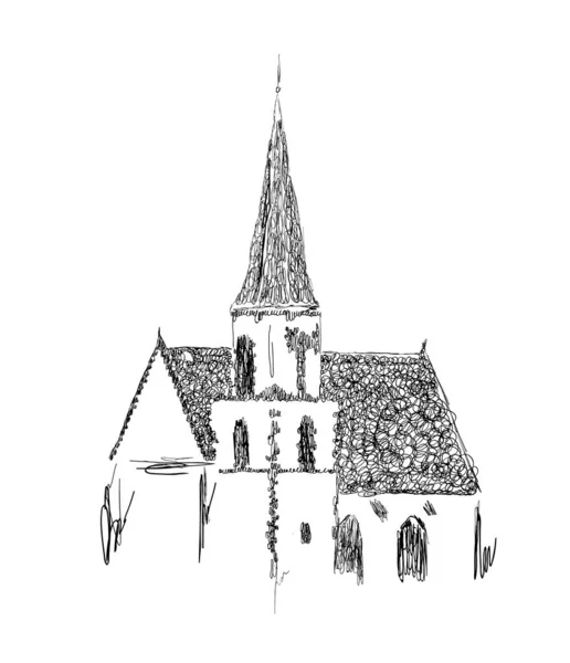 Croquis Vectoriel Bâtiment Européen Vieille Tour Illustration Dessinée Main Noir — Image vectorielle