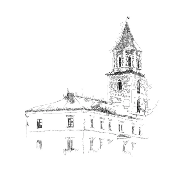 Διανυσματικό Σκίτσο Του Ευρωπαϊκού Κτιρίου Παλιός Πύργος Χειροποίητη Απεικόνιση Ασπρόμαυρα — Διανυσματικό Αρχείο
