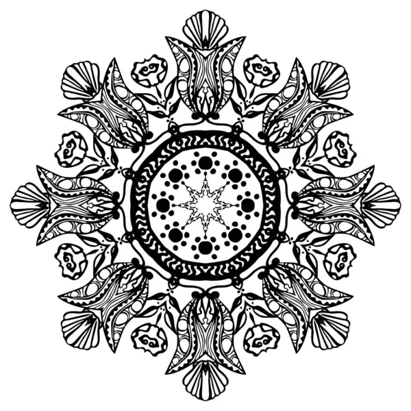 Black sea mandala with sea shells on white background. Decorative ornamental element. Vector illustration