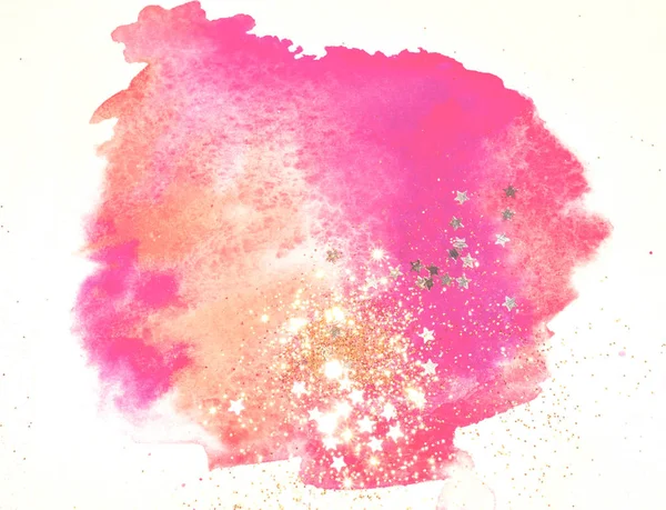 Goldener Glanz Und Glitzernde Sterne Auf Abstrakten Rosafarbenen Aquarellen Nostalgischen — Stockfoto