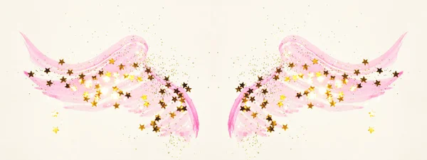 Gyllene Glitter Och Glittrande Stjärnor Abstrakt Rosa Akvarell Vingar Vintage — Stockfoto