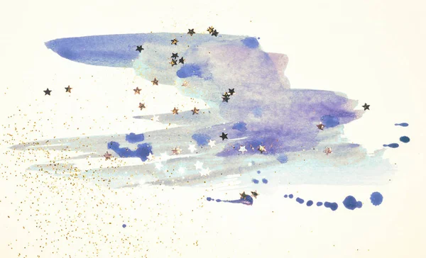 Étoiles Dorées Scintillantes Scintillantes Sur Aquarelle Bleue Abstraite Éclaboussant Couleurs — Photo