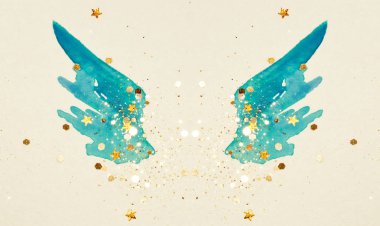 Vintage nostaljik renklerde soyut mavi suluboya kanatları üzerinde ışıltılı ve ışıltılı yıldızlar.
