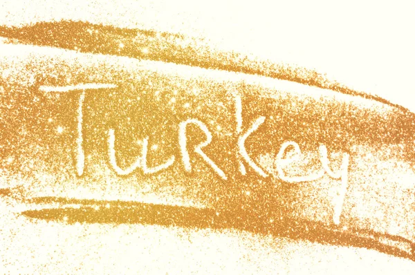 Zamazany Napis Turcja Złotym Blasku Błyszczy Białym Tle — Zdjęcie stockowe