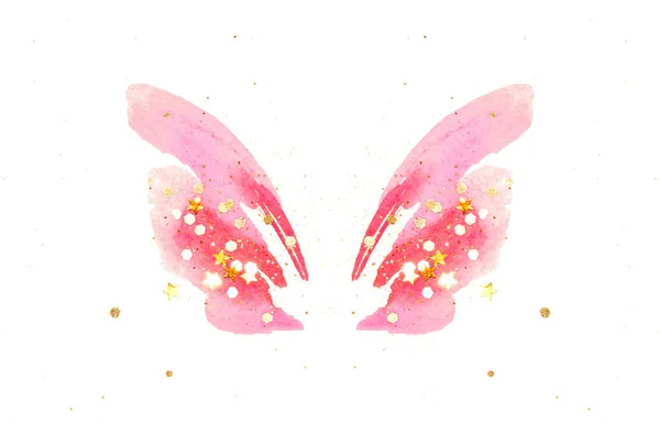 ヴィンテージのノスタルジックな色で抽象的なピンクの水彩画の翼に金色の輝きと輝く星 — ストック写真