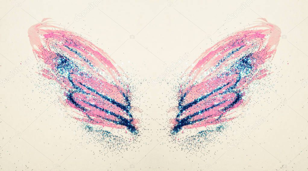 Blue glitter on abstract pink watercolor wings in vintage nostalgic colors, beautiful shiny feathers