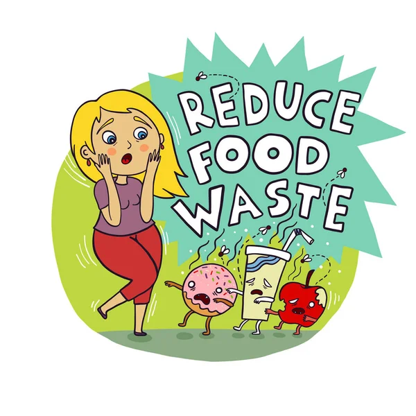 Reduzir o desperdício de comida Zombie Food And Scared Girl — Vetor de Stock