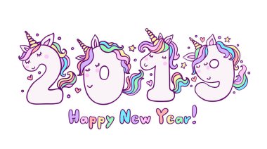 Yeni yıl 2019 şirin Unicorn ile vektör çizim numaraları