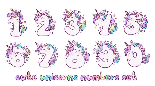 Números com conjunto de vetores de caracteres de unicórnios bonitos —  Vetores de Stock