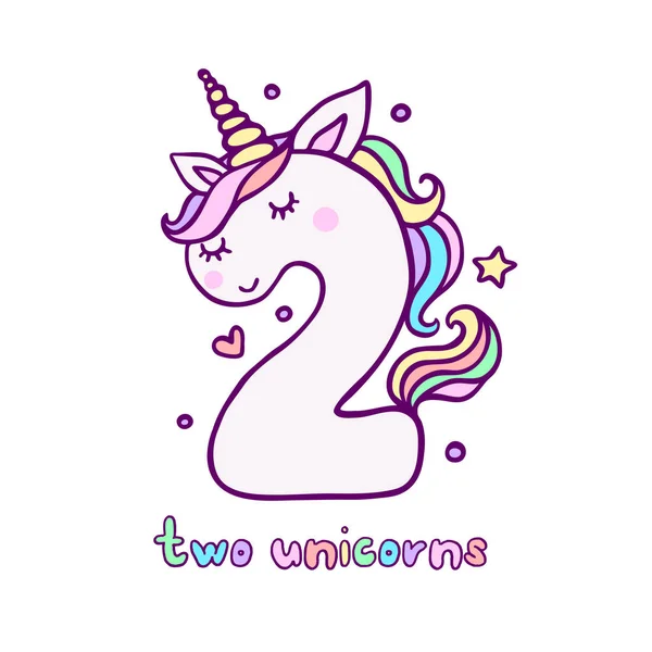 Cute Nomor Dua Unicorn Karakter Vector Illustration - Stok Vektor