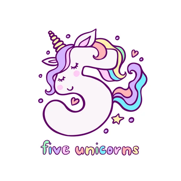 Lindo Número Cinco Unicornio personaje Vector Ilustración — Archivo Imágenes Vectoriales