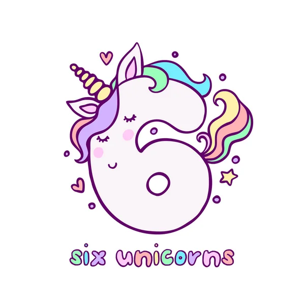 Schattig nummer zes Unicorn karakter vectorillustratie — Stockvector