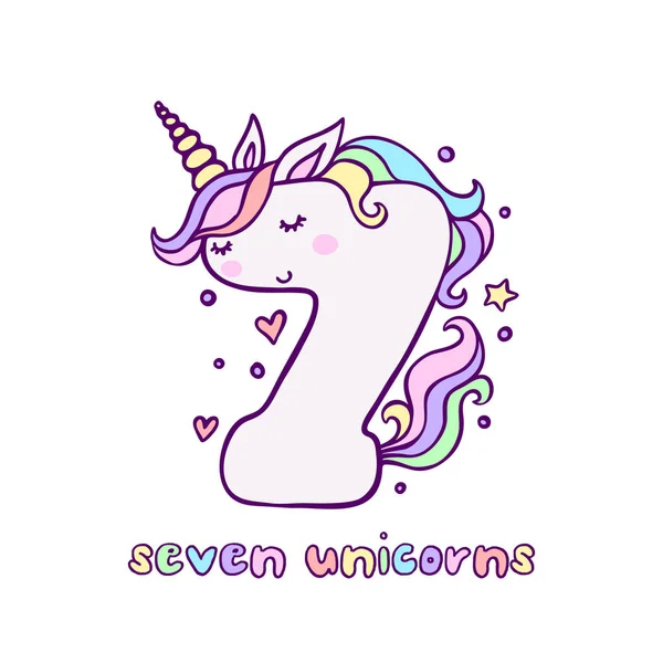 Schattig nummer zeven Unicorn karakter vectorillustratie — Stockvector